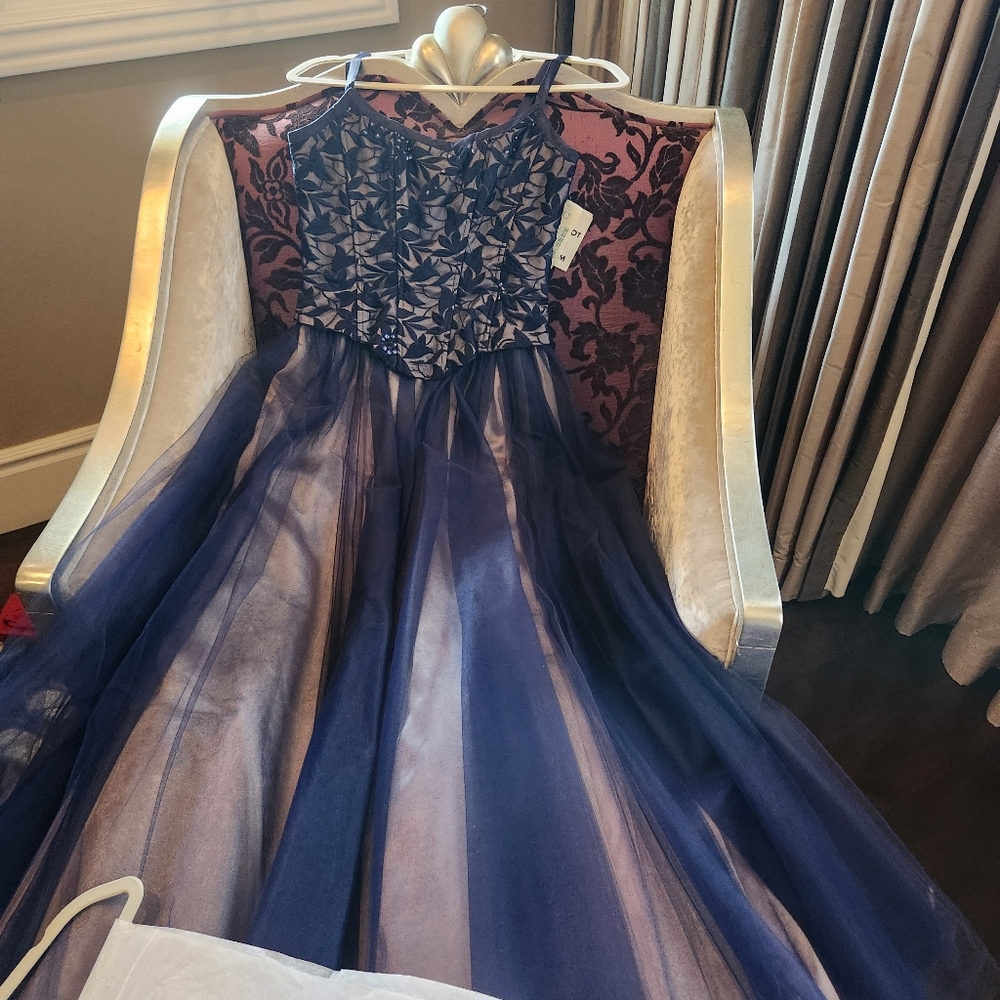 Jessica McClintock Blue Mesh Embelished Ballgown